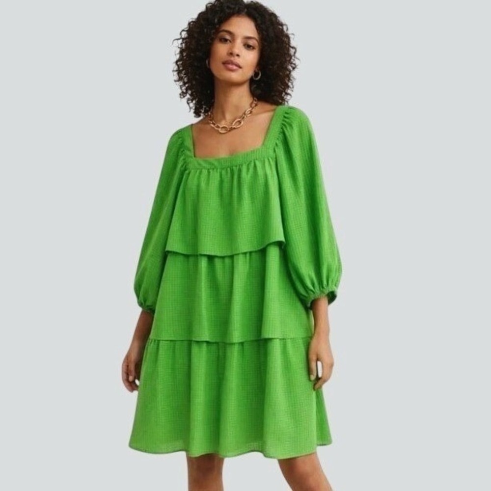 Tiered Babydoll Dress XS Green Ruffle‎ Puff Sleeve Oversized